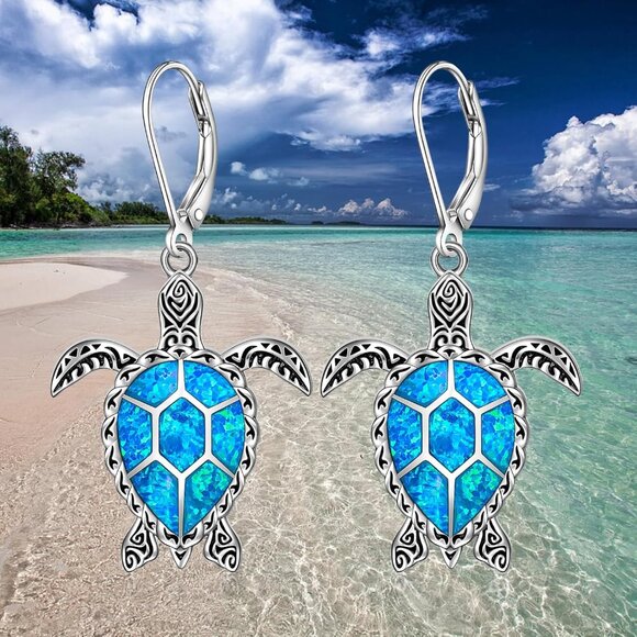 Sterling Silver Turtle Earrings Blue Opal Dangle Ocean Jewelry for Women - Picture 9 of 9